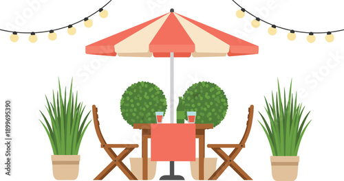 Outdoor Cafe Dining Set with Striped Umbrella Wooden Chairs Table String Lights and Potted Plants for Summer Alfresco Restaurant Flat Vector