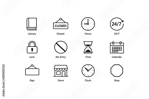 Set of 12 minimal icons: library, clock, lock, calendar, store, closed sign, and more