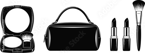 Black and white makeup kit set featuring cosmetic bag lipstick powder compact and makeup brushes for beauty salon branding designs