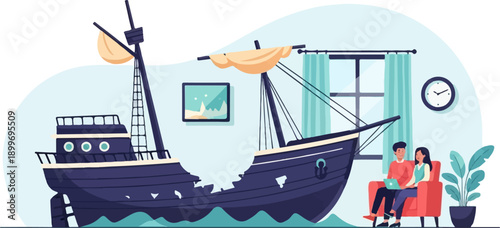 A couple sits indoors with a large, damaged ship in the background