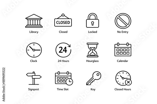 Library and time management icons: closed, open hours, key, lock