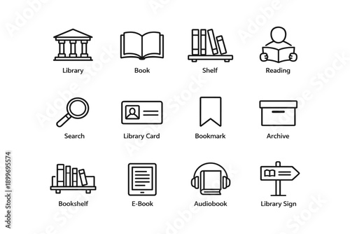 Library icon set: books, reading, library card, bookmark, audiobook, e-book, archive, sign