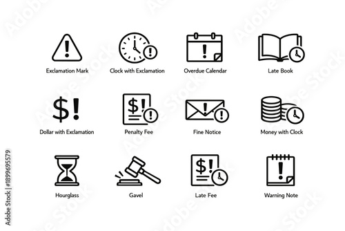 Exclamation alert icons set: clock, calendar, book, dollar, penalty, notice, money, hourglass, gavel, note