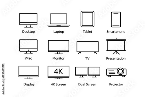 Set of technology icons: desktop, laptop, tablet, smartphone, monitor, tv, projector