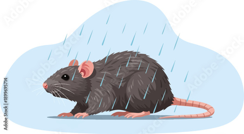 A gray rat stands in the rain under a light blue cloud