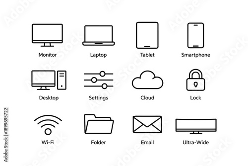 Set of black line icons for electronic devices and digital services