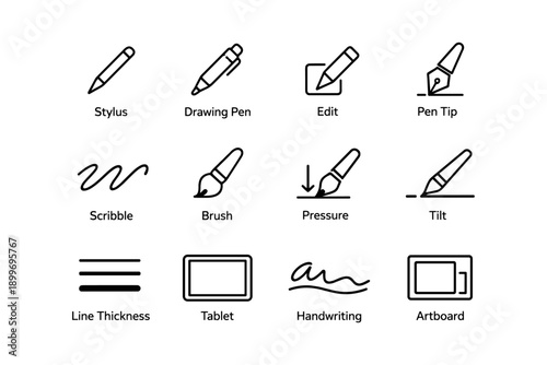 Digital art tools icon set: stylus pen, editing, scribble, brush, line thickness