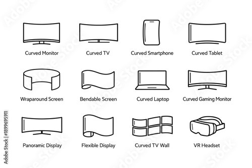 Curved display technology icons: monitors, tvs, smartphones, tablets, and vr headsets