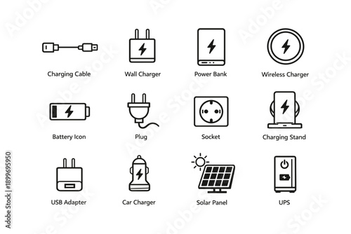 Electronic accessories icons: charging cable, power bank, solar panel