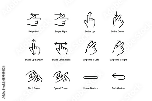 Touchscreen gesture icons: swipe, pinch, zoom, tap, navigate