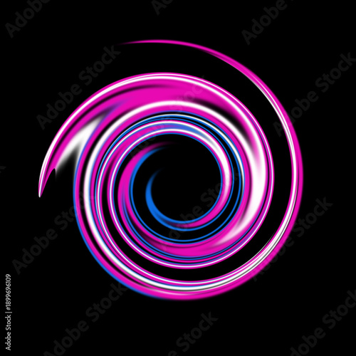 Abstract neon spiral swirl pattern with glowing pink and blue lines on black background. Hypnotic colorful vortex with fluid motion effect. Futuristic glowing circle design element.