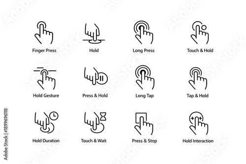 Finger press and hold gesture icons for touch screen interaction designs