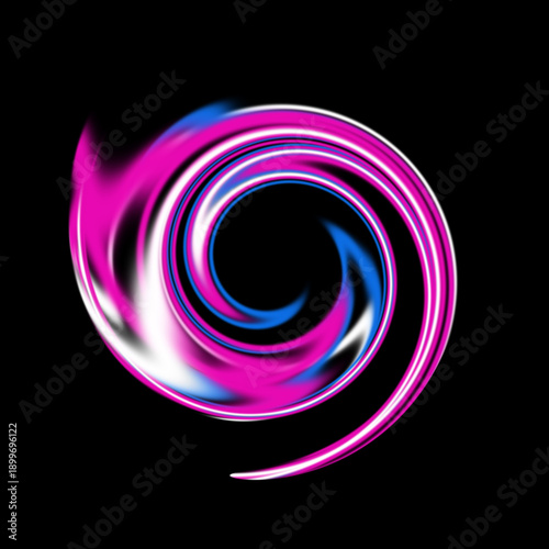 Abstract neon spiral swirl pattern with glowing pink and blue lines on black background. Hypnotic colorful vortex with fluid motion effect. Futuristic glowing circle design element.