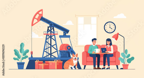 A couple sits on a couch, using a laptop, with a dog by an oil pump