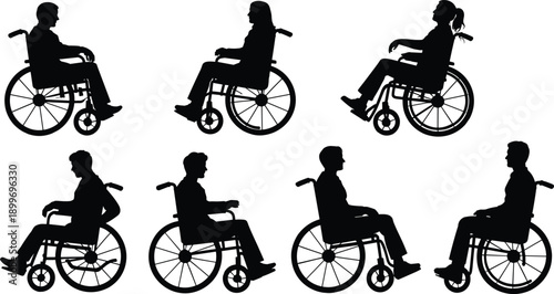 Wheelchair user silhouette vector set showing men and women sitting poses, black accessibility, disability support and mobility illustration collection