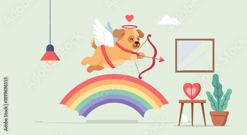 Adorable dog cupid with bow and arrow flies over rainbow, heart, plant, and lamp