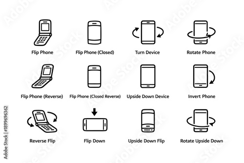 Icon set of various mobile device positions and actions