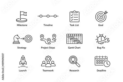 Business icons: milestone, timeline, task list, goal, strategy, project steps, gantt chart, bug fix, launch, teamwork, research, deadline