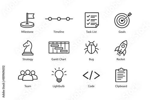 Business and project management icons: milestone, timeline, task list, goals, strategy, gantt chart, bug, rocket, team, lightbulb, code, clipboard