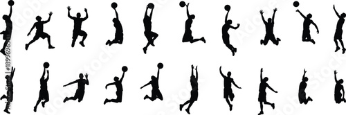 Collection basketball player silhouettes showing jump shots, slam dunks, athletic action poses isolated background for sports design and fitness concept