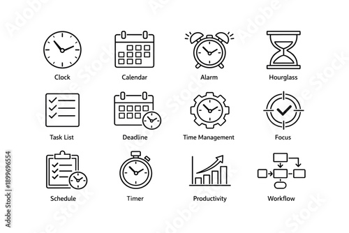 Productivity tools icons: clock, calendar, alarm, hourglass, task list, deadline, focus