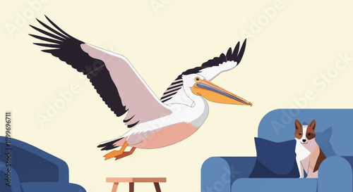 A cartoon pelican flies by a dog sitting on a couch in a room