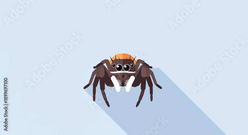 A cartoon spider on a light blue background with a long shadow