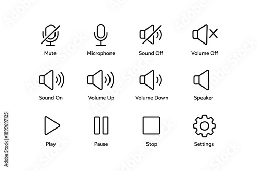 Audio control icons set: mute, microphone, speaker, play, pause, stop, settings