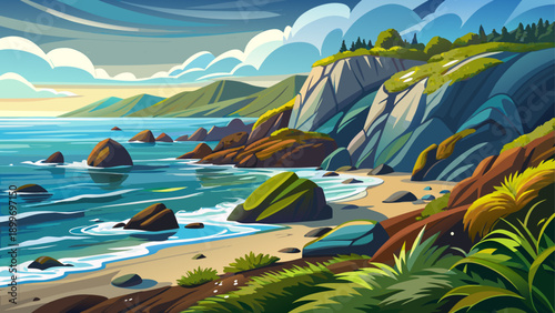 Very beautiful long exposure coastal scene featuring seaweed and rocks, creating soft motion, calming textures, and a peaceful connection between ocean movement and shoreline nature.