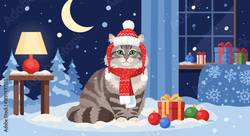 Adorable cat in festive winter attire sits surrounded by Christmas decorations