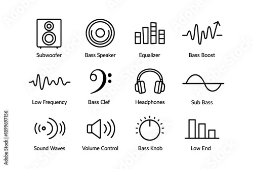 Audio icons: subwoofer, bass speaker, equalizer, headphones, sound waves