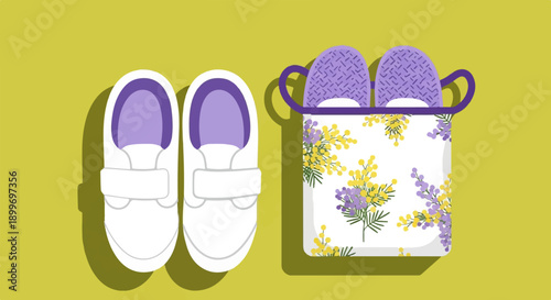 A pair of white shoes and a container with purple slippers and floral patterns