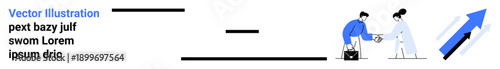 Business growth, teamwork, progress tracking, professional communication, career advancement, collaboration. Two people exchanging items with an arrow pointing upward. Business growth and teamwork