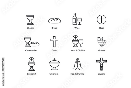 Religious symbols and rituals: chalice, bread, wine, host, communion, cross