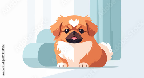 Adorable cartoon dog sitting in a minimalist, abstract setting with cool colors