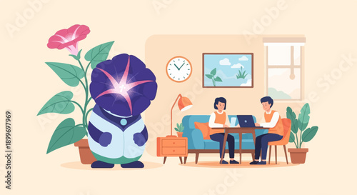Anthropomorphic flower watches people work remotely at home
