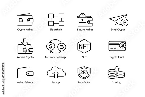 Crypto icons: wallets, blockchain, security, transactions, nfts, currency, exchange