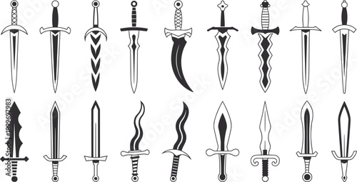 Fantasy dagger and sword vector set showing medieval weapon silhouettes isolated black blade icon collection illustration pack
