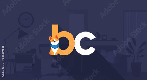 Adorable cartoon dog sits next to large "bc" letters in a dimly lit room