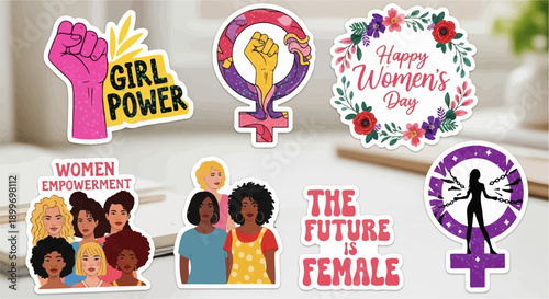 A collection of empowering stickers featuring female symbols, fists, and diverse women