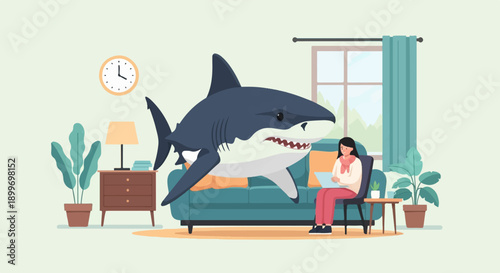 A large shark floats in a living room, looking at a woman on a couch