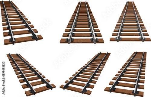Railroad track illustration set in multiple perspectives, railway rails and wooden sleepers, transportation infrastructure design for 