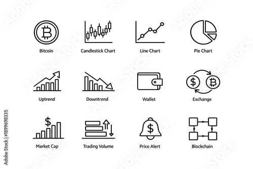 Cryptocurrency icons: bitcoin, charts, wallet, blockchain, market trends