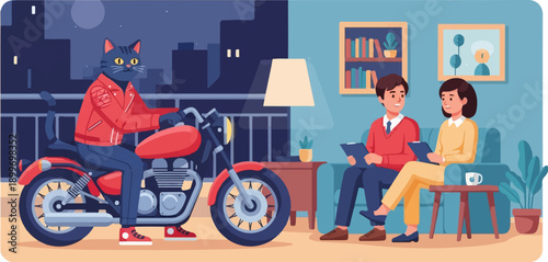 Anthropomorphic cat rider on motorcycle contrasts with people in therapy session