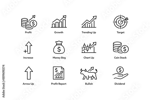 Financial icons: profit, growth, bullish trends, money bag, coin stack, dividend symbols