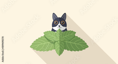 Adorable cartoon cat peeking over fresh green mint leaves with shadow