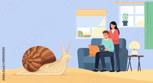 A large snail approaches a couple using a laptop in a living room