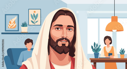 A serene depiction of Jesus in a modern home with two people nearby