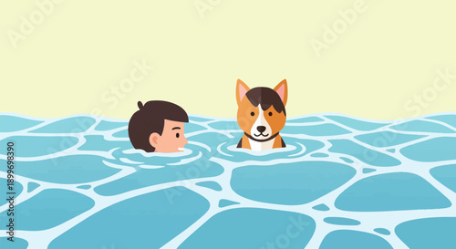 A person and a dog swim in shimmering blue water under a light yellow sky