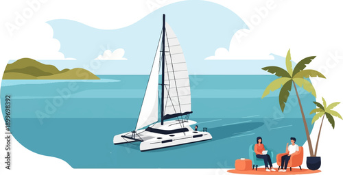 Catamaran sailing in turquoise waters near palm trees and islands